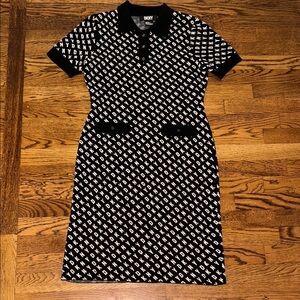 Dkny Black & White Logo Knit Polo Midi Dress